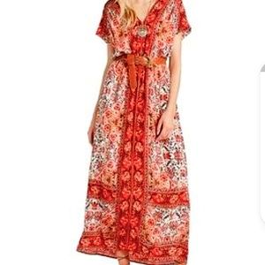 Lucky Brand Scarf Print Maxi Dress XL XLarge Red